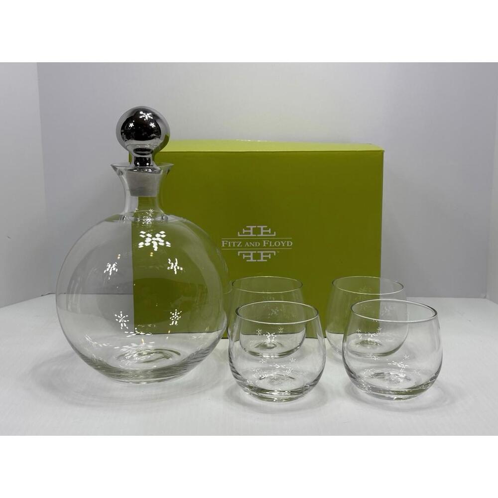 Vintage Fitz and‎ Floyd Decanter 4 Glasses Entertaining Elegant New In Box